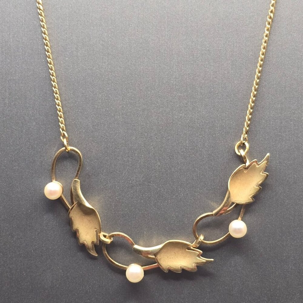 VTG De Curtis DEC 14K Gold Filled Pearl Leaf Choker Necklace 14" Mid‑Century 50s